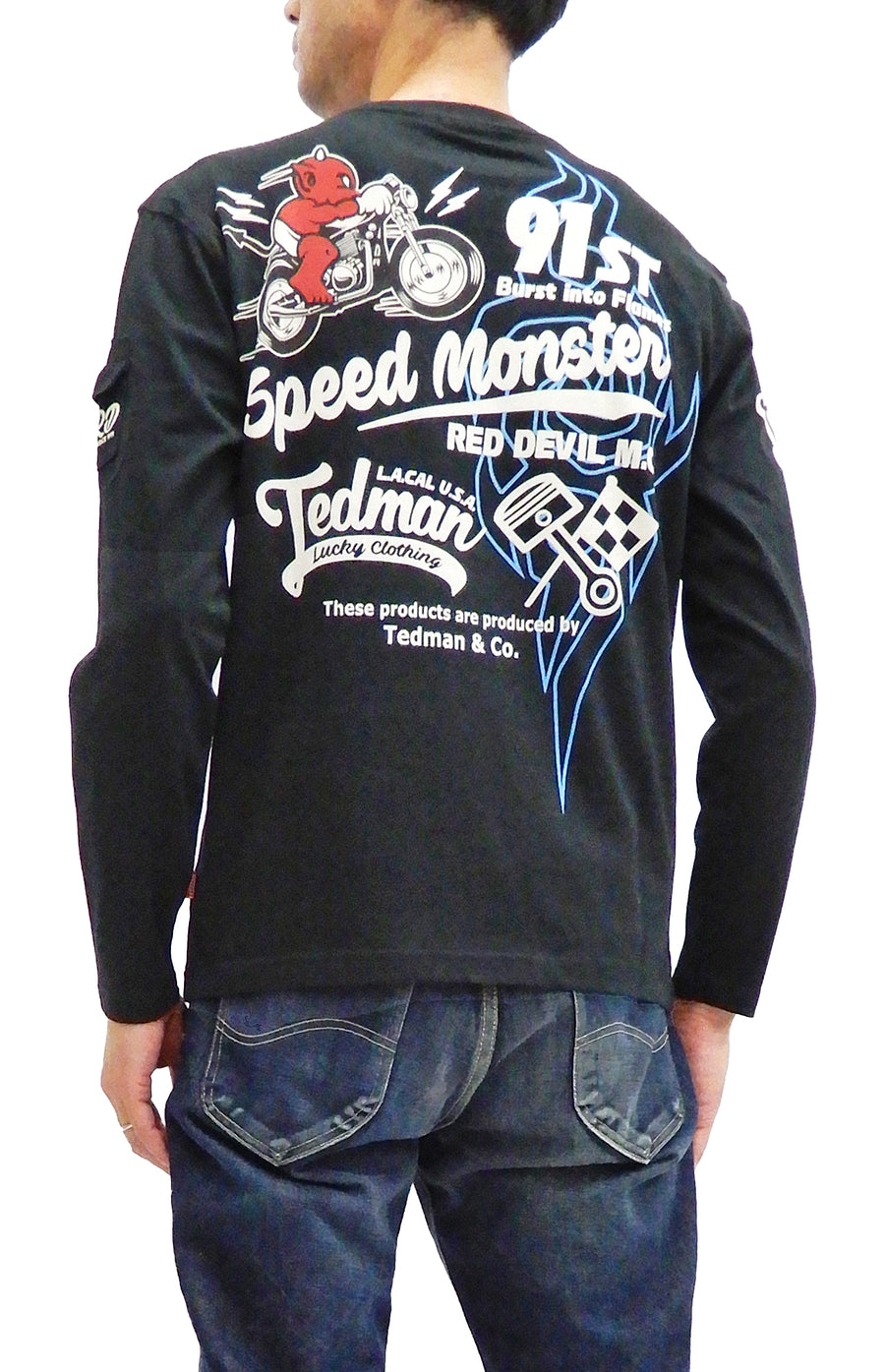 Tedman T-Shirt Men's Lucky Devil Motorcycle Graphic Long Sleeve Tee TDLS-341 Black