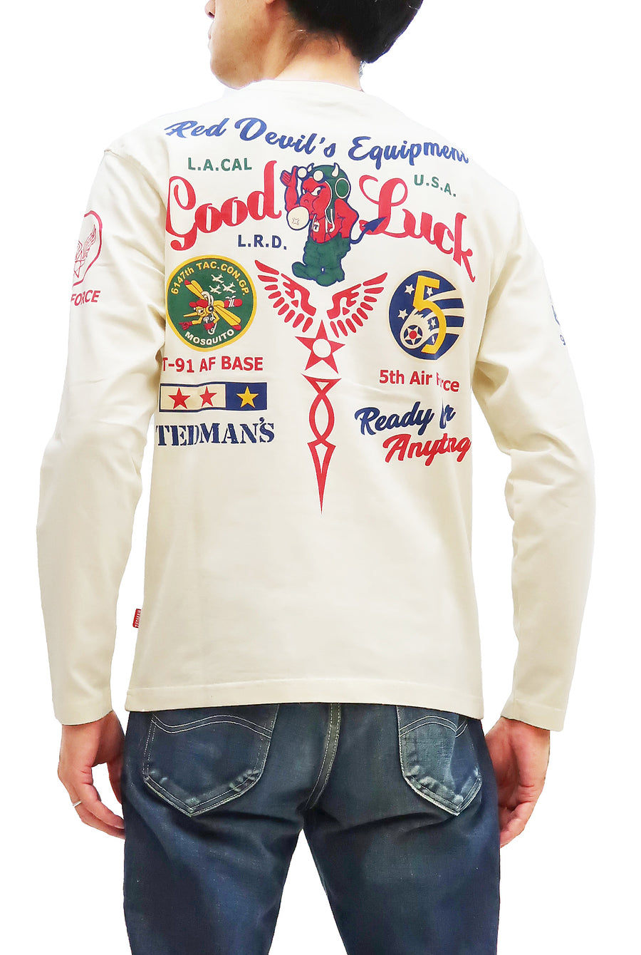 Tedman T-Shirt Men's Lucky Devil Military Graphic Long Sleeve Tee Efu-Shokai TDLS-349 Off-White