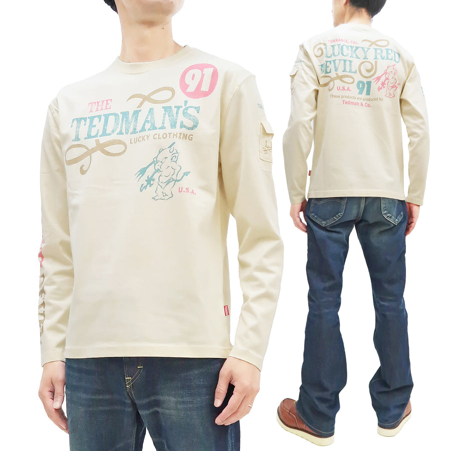 Tedman T-Shirt Men's Lucky Devil Graphic Long Sleeve Tee Efu-Shokai TDLS-350 Off-White