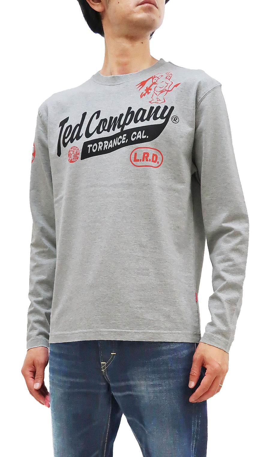 Tedman T-Shirt Men's Lucky Devil Logo Graphic Long Sleeve Tee Efu-Shokai TDLS-355 Ash-Gray