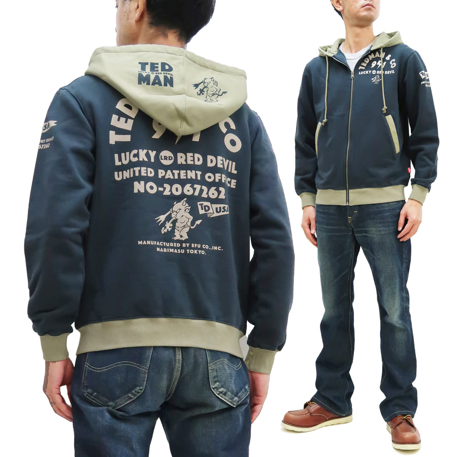 Tedman Full Zip Hoodie Men's Graphic Printed Zip-Up Hooded Sweatshirt TDSP-157 Navy-Blue/Beige