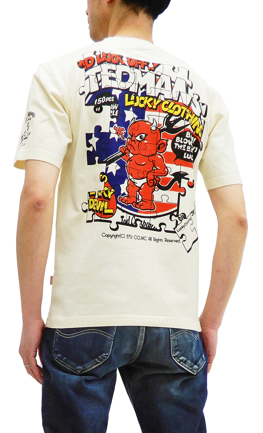 Tedman T-Shirt Men's Lucky Devil Jigsaw Puzzle Graphic Short Sleeve Tee Efu-Shokai TDSS-541 Off-White