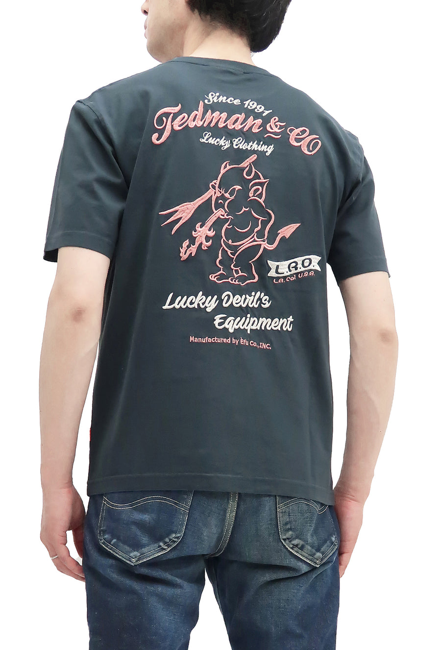 Tedman Embroidered T-Shirt Men's Lucky Devil Graphic Short Sleeve Tee Efu-Shokai TDSS-548 Faded-Dark-Blue