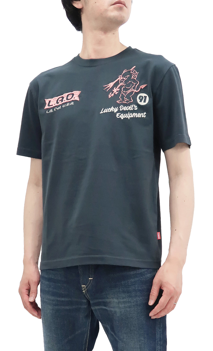 Tedman Embroidered T-Shirt Men's Lucky Devil Graphic Short Sleeve Tee Efu-Shokai TDSS-548 Faded-Dark-Blue