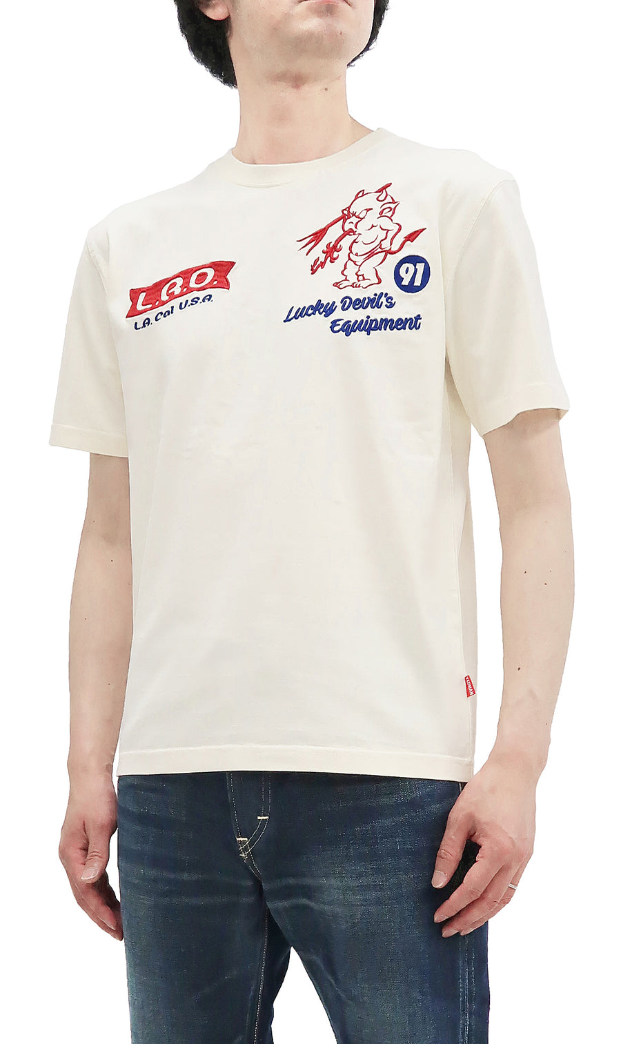 Tedman Embroidered T-Shirt Men's Lucky Devil Graphic Short Sleeve Tee Efu-Shokai TDSS-548 Off-White