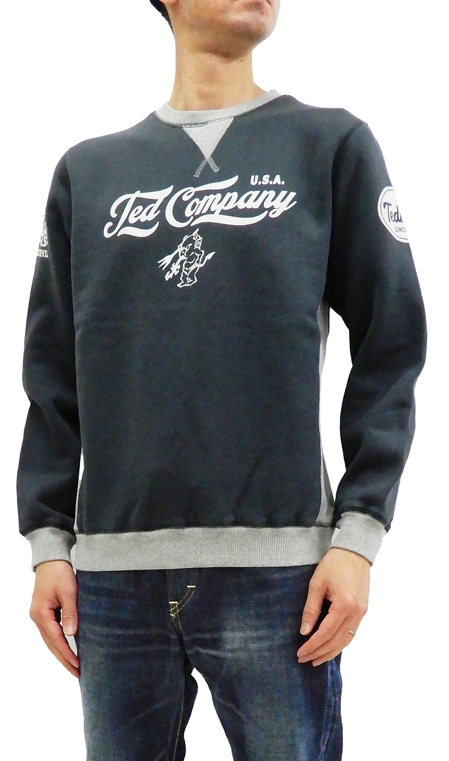 Tedman Men's Sweatshirt with Lucky Devil Graphic V-gusset Ribbed Sides TDSW-1170 Navy/Gray