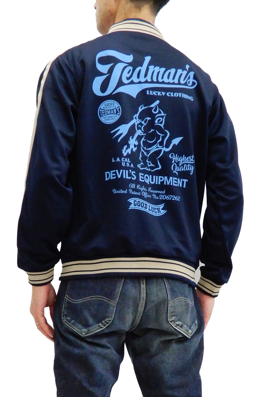 Tedman Men's Casual Zip-Up Track Jacket with Lucky Devil Graphic TJS-3200 Navy-Blue