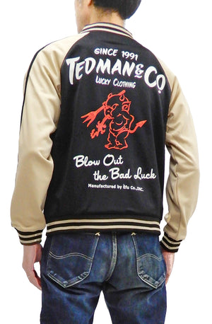 Tedman Men's Casual Zip-Up Track Jacket with Lucky Devil Graphic TJS-3400 Black/Beige