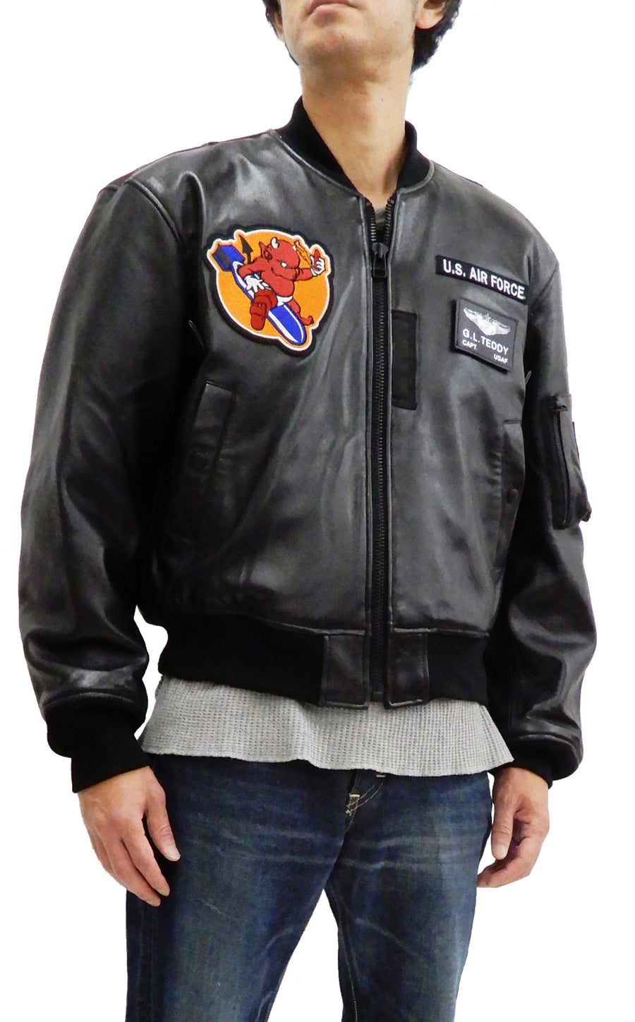 Workwear Rub-Off Leather Bomber : Unisex Coats & Jackets Black