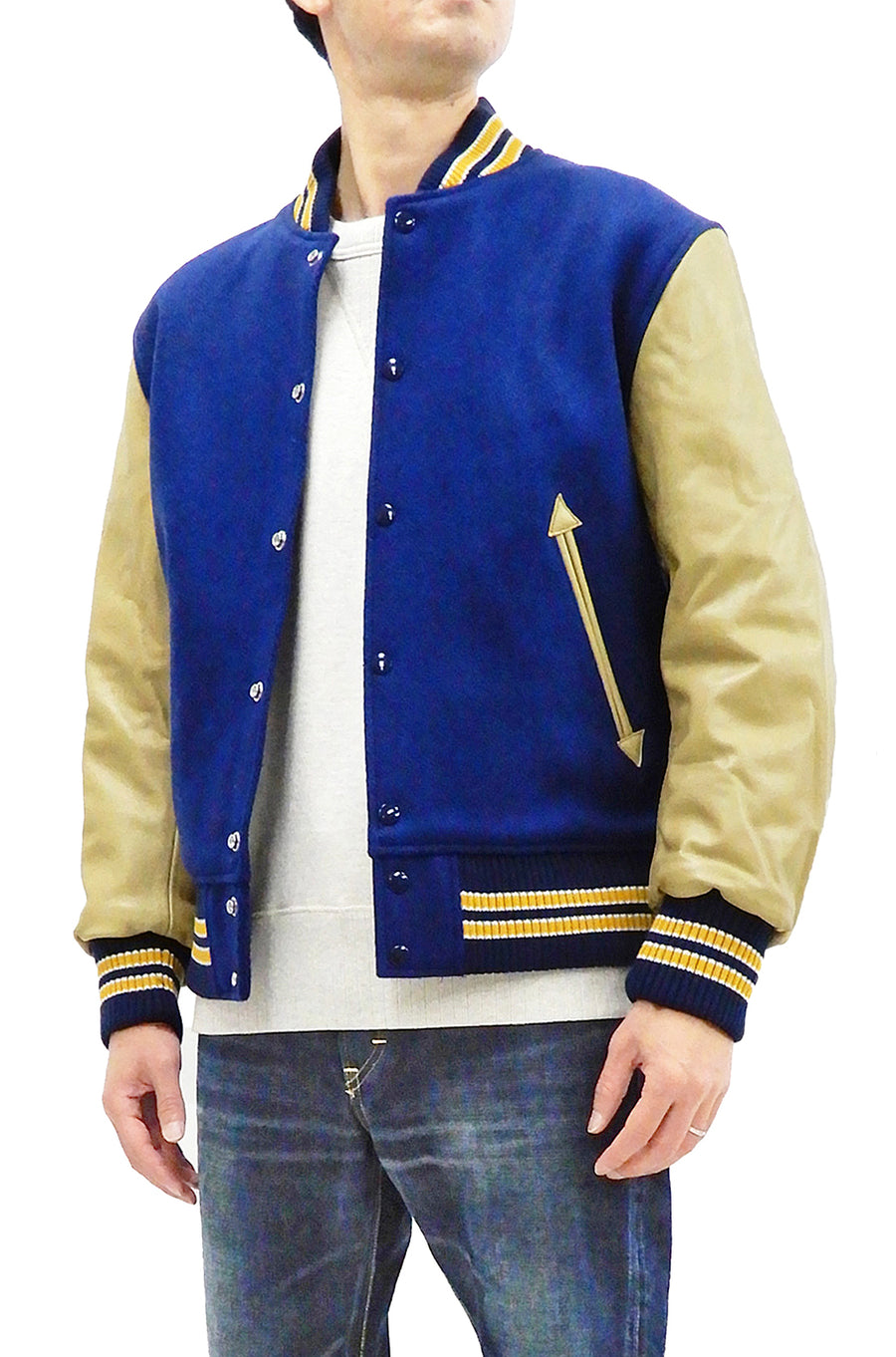 Men's Wool Black and Blue Varsity Jacket with Leather Sleeves